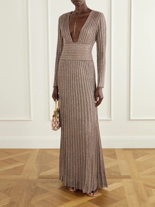 Image of Dresses. Product name - Ribbed Metallic Crochet-knit Maxi Dress in Pink colour by brand - Missoni