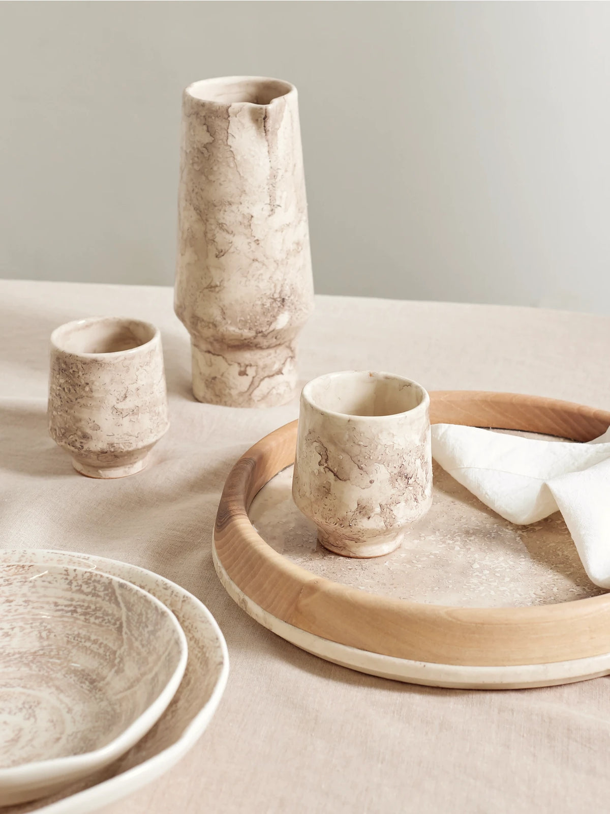 Image of Tableware. Product name - Stone And Wood Tray, Carafe And Cups Set in Neutral colour by brand - Brunello Cucinelli