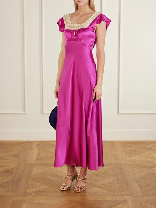 Image of Dresses. Product name - Corina Lace-trimmed Silk-satin Midi Dress in Pink colour by brand - DÔEN