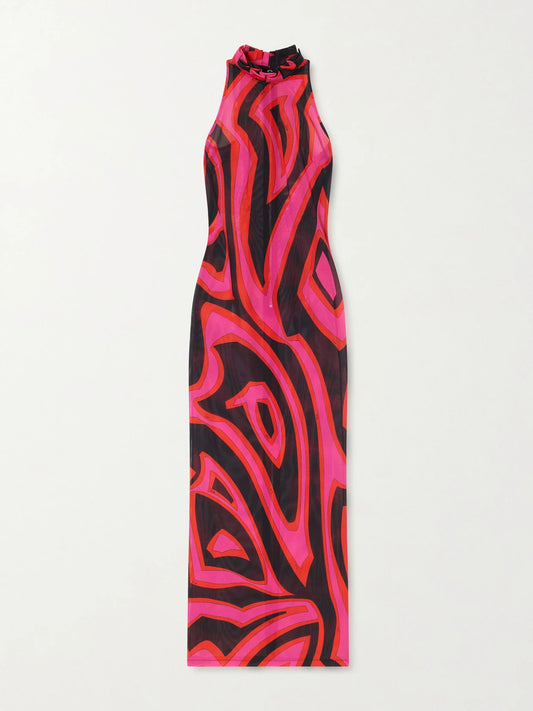 Image of Dresses. Product name - Printed Mesh Maxi Dress in Bright pink colour by brand - PUCCI