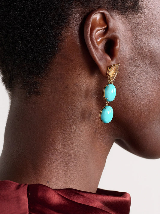 Image of Earrings. Product name - Mona Lisa Gold, Turquoise And Quartz Earrings in Multi colour by brand - JIA JIA