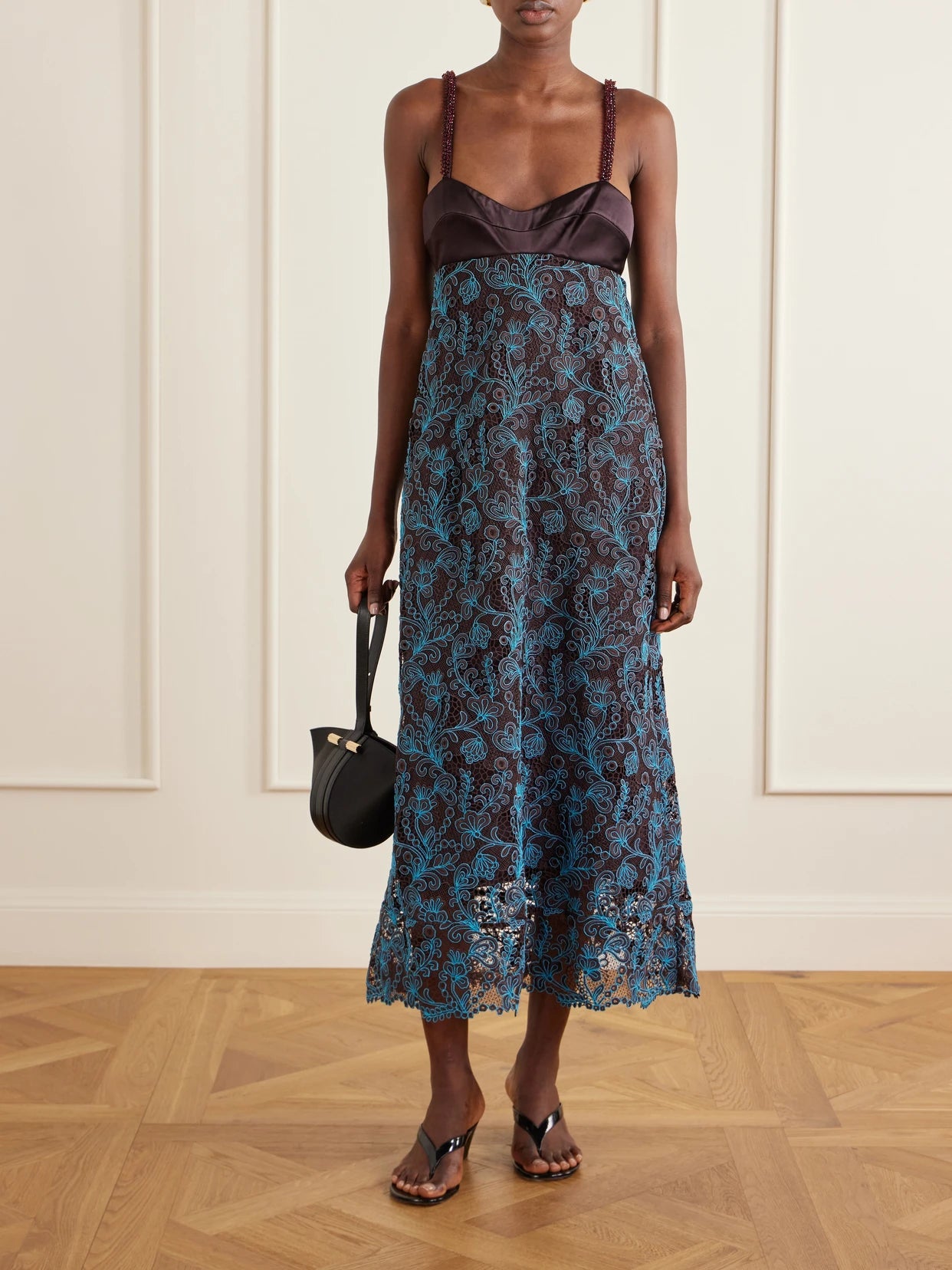 Image of Dresses. Product name - Francine Bead-embellished Satin-trimmed Guipure Lace Midi Dress in Chocolate colour by brand - ALÉMAIS