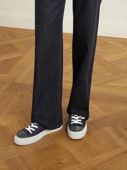 Bead-embellished Suede-trimmed Stretch-knit Sneakers