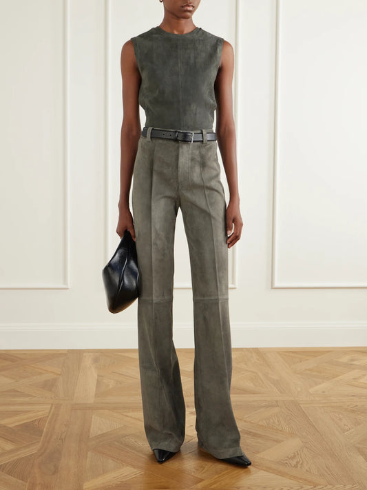 Image of a model wearing Pants. Product name - Lizzy Suede Wide-leg Pants in Dark gray colour by brand - STOULS