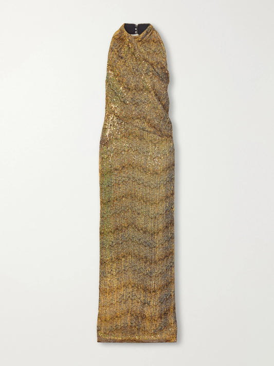 Missoni Striped Sequin-embellished Metallic Crochet-knit Halterneck Maxi Dress