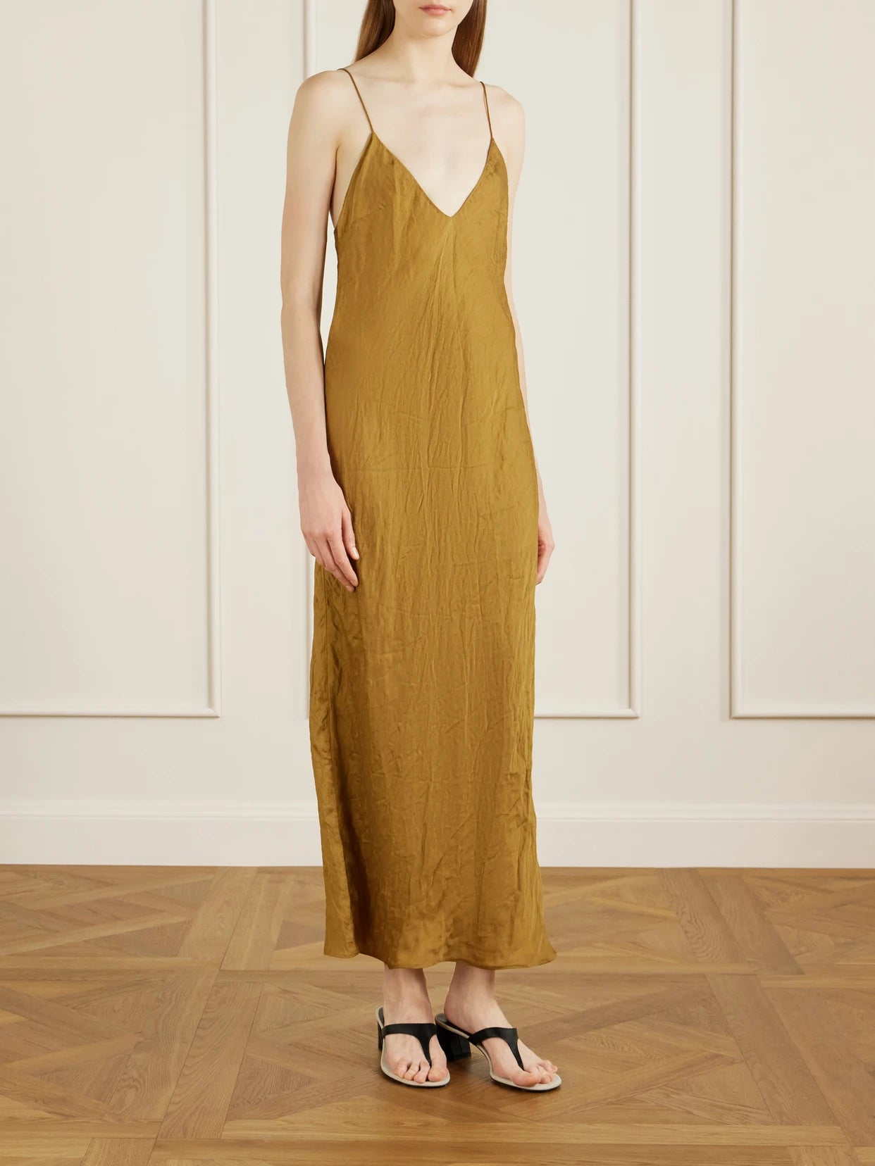 Image of Dresses. Product name - Taja Crinkled-voile Maxi Dress in Gold colour by brand - KHAITE