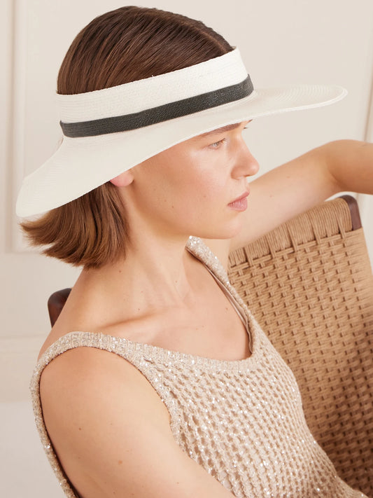 Image of Hats. Product name - Bead-embellished Hemp-blend Hat in Ivory colour by brand - Brunello Cucinelli