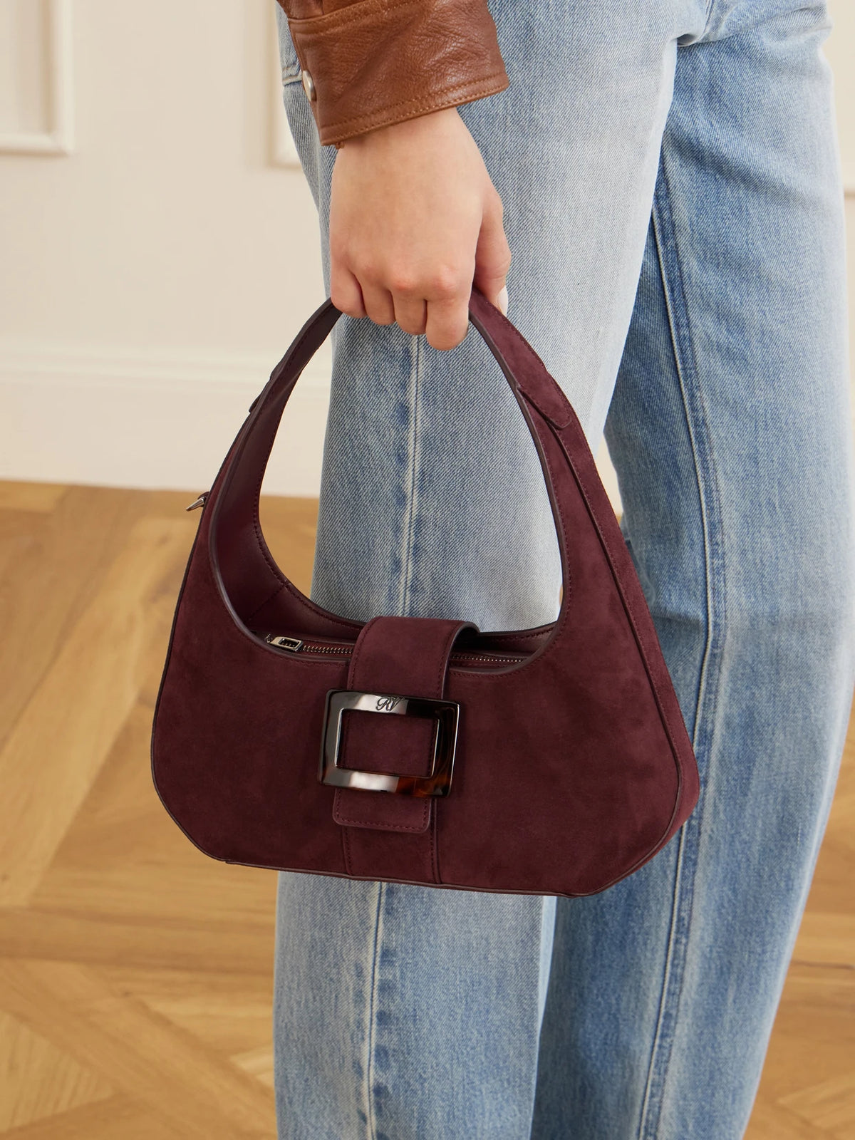 Image of Bags. Product name - Belle Vivier Suede Shoulder Bag in Burgundy colour by brand - Roger Vivier