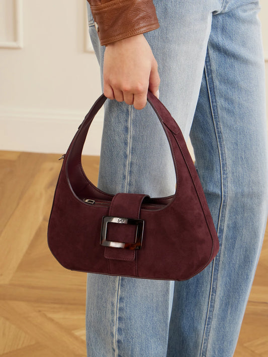 Image of Bags. Product name - Belle Vivier Suede Shoulder Bag in Burgundy colour by brand - Roger Vivier