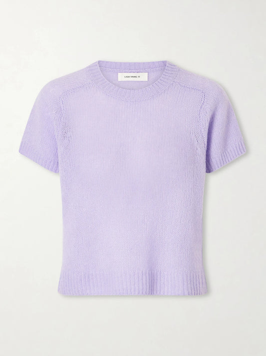 Image of a model wearing Outerwear. Product name - Siona Cashmere And Silk T-shirt in Purple colour by brand - LISA YANG