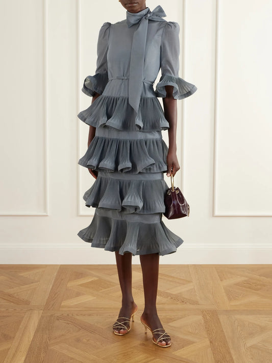 Image of Dresses. Product name - Pussy-bow Ruched Tiered Plissé Organza Midi Dress in Blue colour by brand - Zimmermann