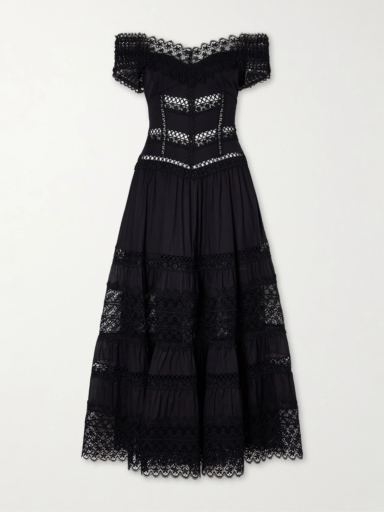 Image of Dresses. Product name - Amaira Embroidered Lace-trimmed Cotton-blend Maxi Dress in Black colour by brand - Charo Ruiz