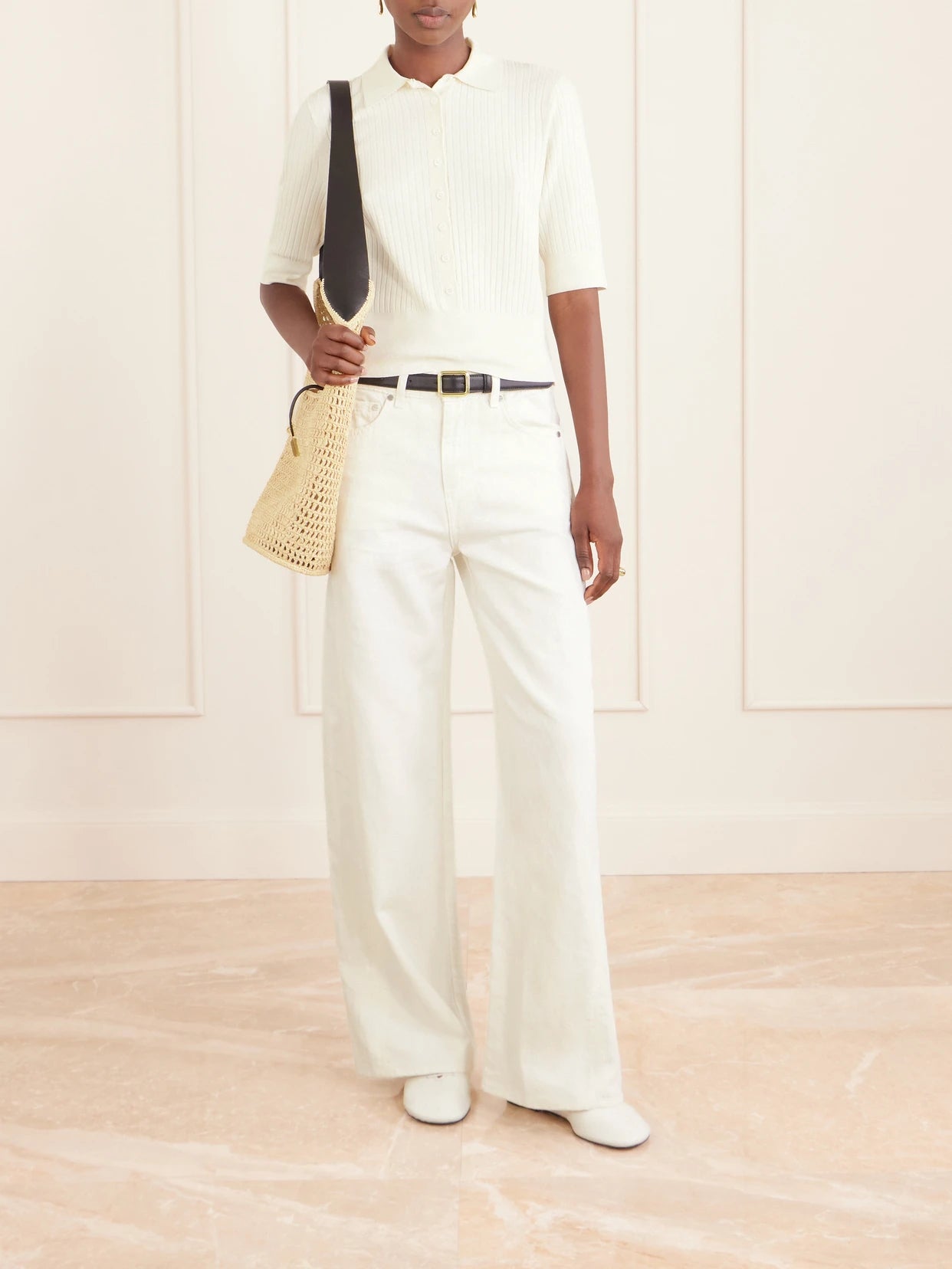 Image of a model wearing Tops. Product name - Ribbed Jersey Shirt in Ivory colour by brand - TWP