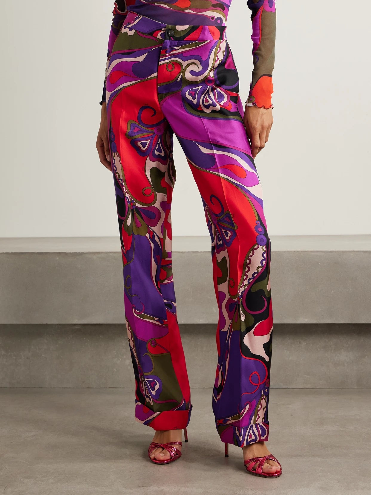 Orchidee Printed Silk-twill Straight-leg Pants