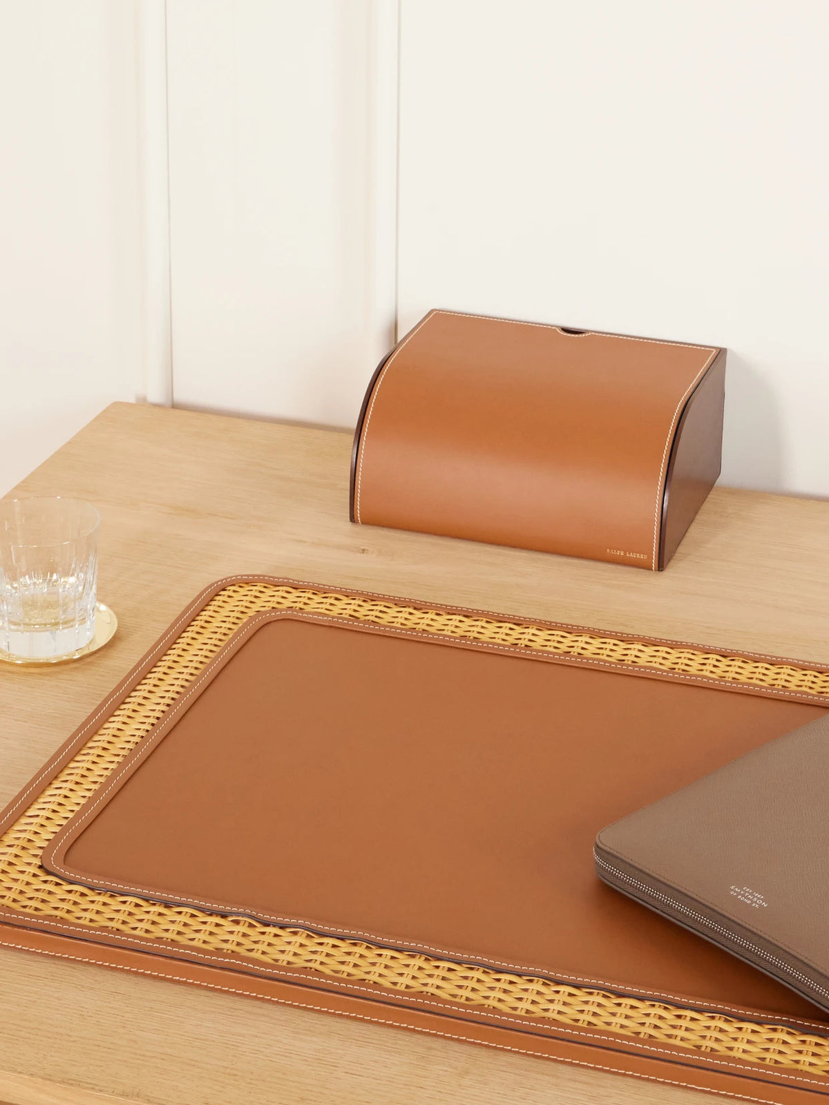 Image of Decor. Product name - Bailey Rattan-trimmed Leather Desk Blotter in Brown colour by brand - Ralph Lauren Home