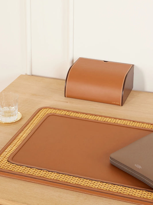 Image of Decor. Product name - Bailey Rattan-trimmed Leather Desk Blotter in Brown colour by brand - Ralph Lauren Home