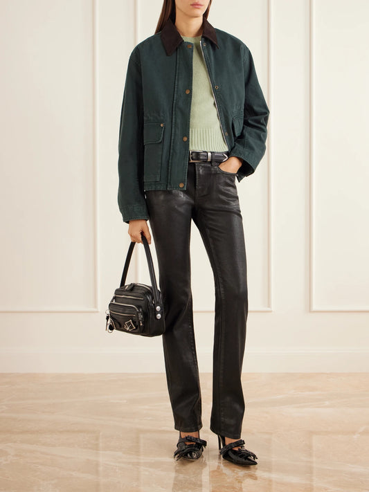 Image of Coats & Jackets. Product name - Suede-trimmed Duck Cotton-canvas Jacket in Dark green colour by brand - Acne Studios