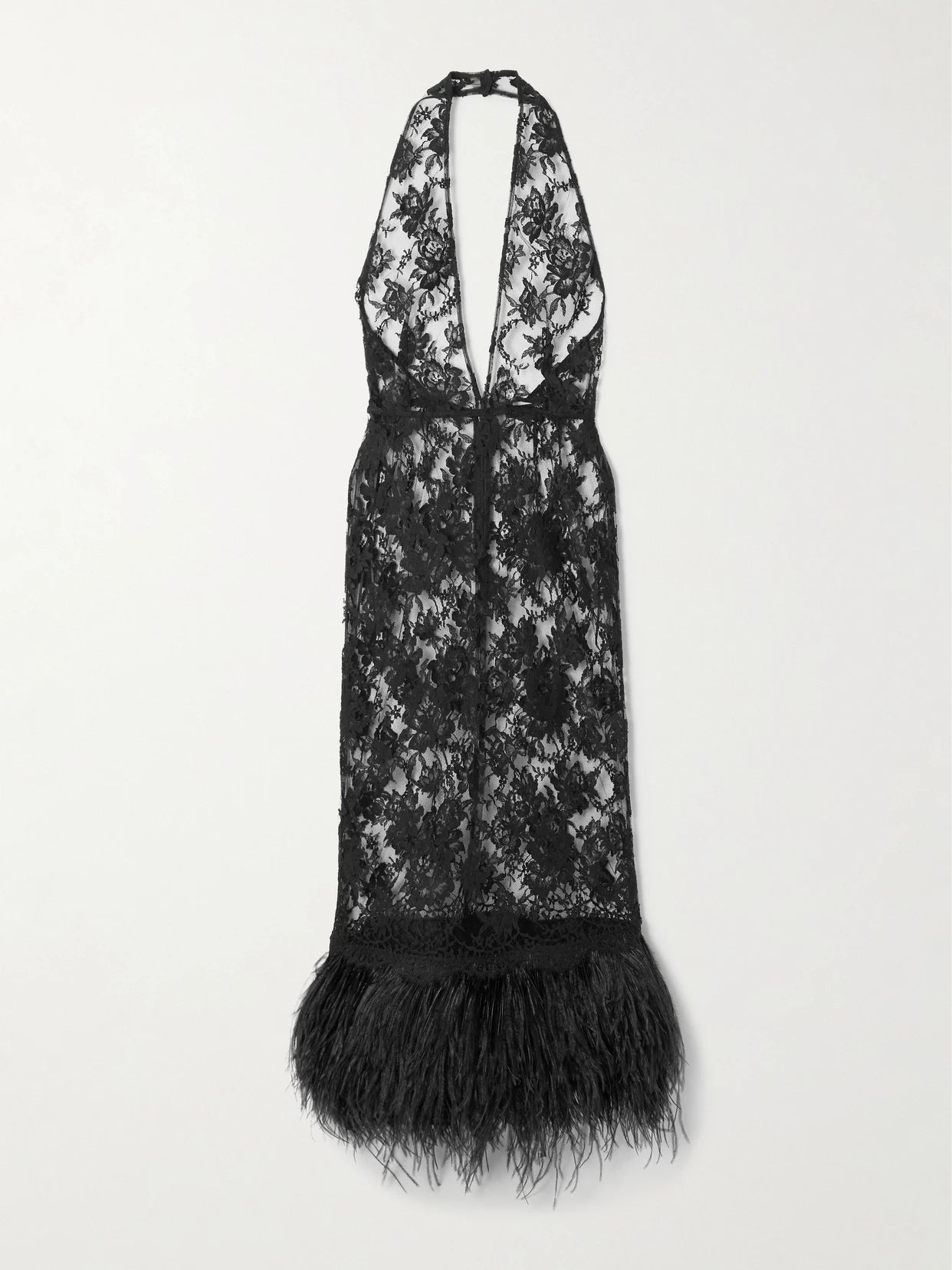 Feather-trimmed Cotton-blend Lace Halterneck Dress