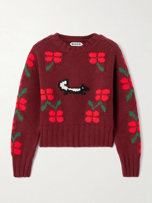 Image of a model wearing Outerwear. Product name - Intarsia-knit Wool Sweater in Red colour by brand - BODE