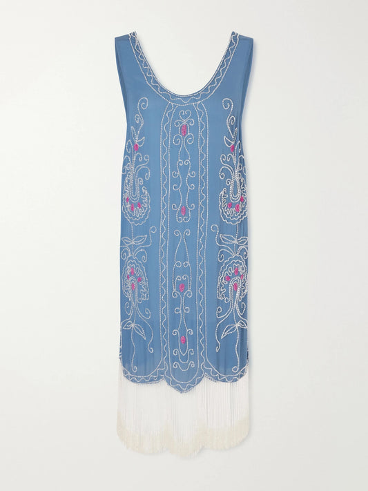 Image of Dresses. Product name - Sea Flower Beaded Silk Dress in Blue colour by brand - BODE