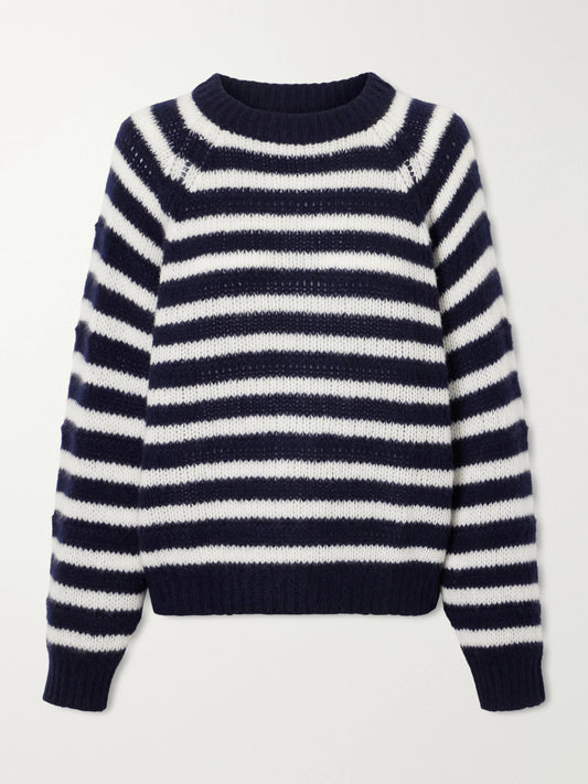 Image of a model wearing Outerwear. Product name - Reni Striped Cashmere And Silk-blend Sweater in Navy colour by brand - LISA YANG