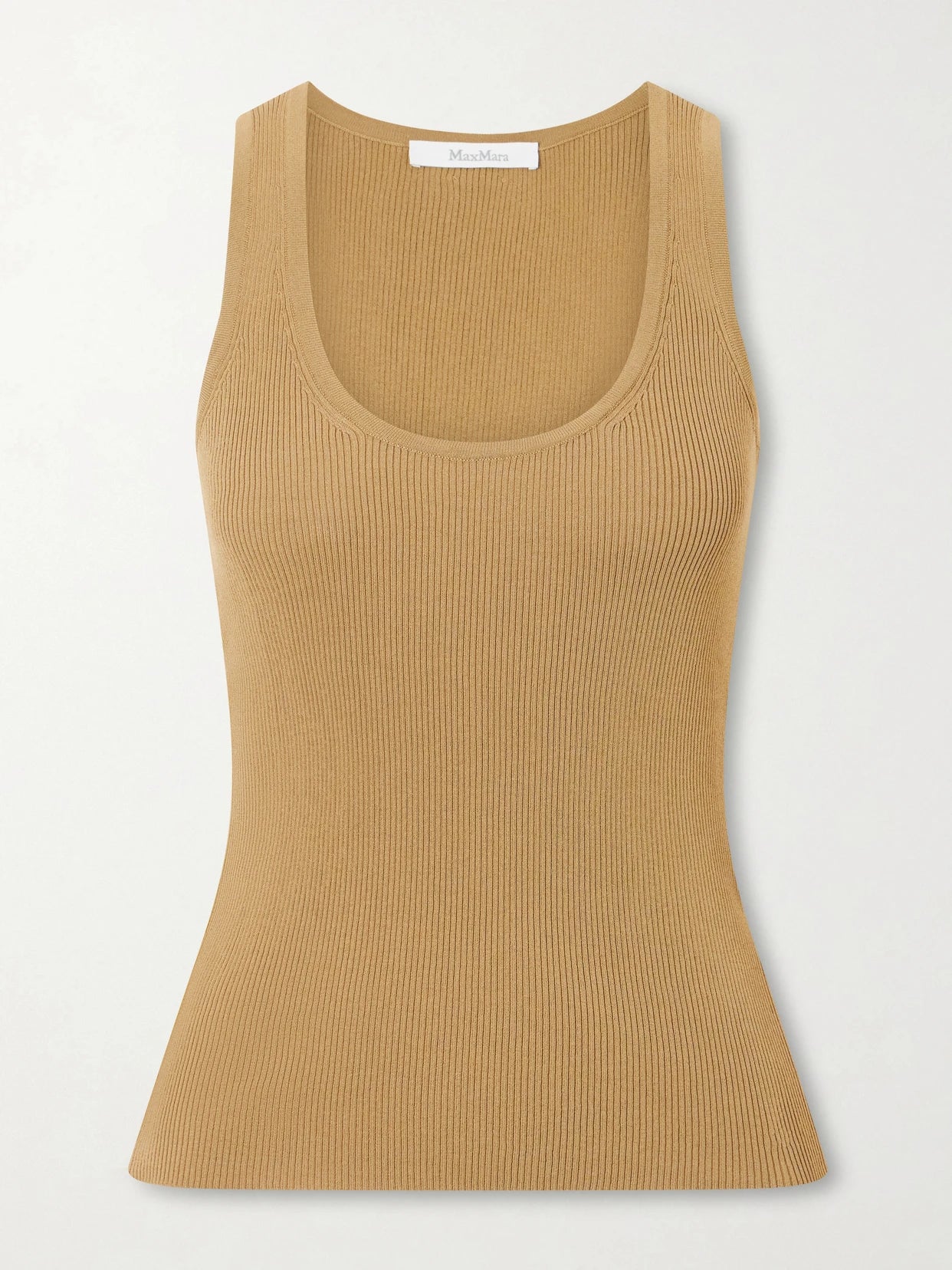 Image of a model wearing Tops. Product name - Ribbed Woven Tank in Army green colour by brand - Max Mara