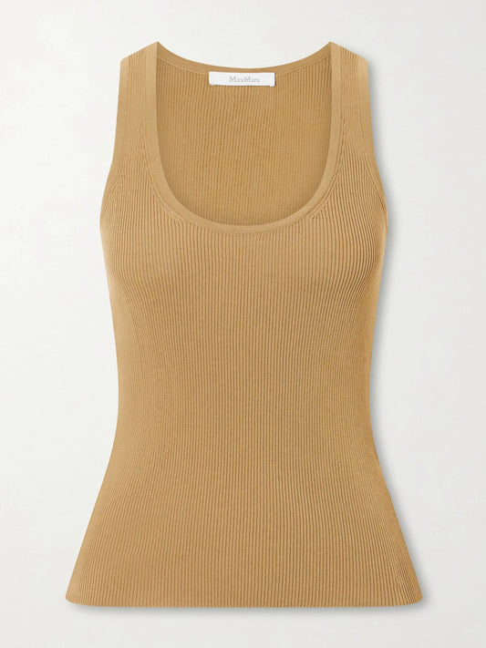 Image of a model wearing Tops. Product name - Ribbed Woven Tank in Army green colour by brand - Max Mara