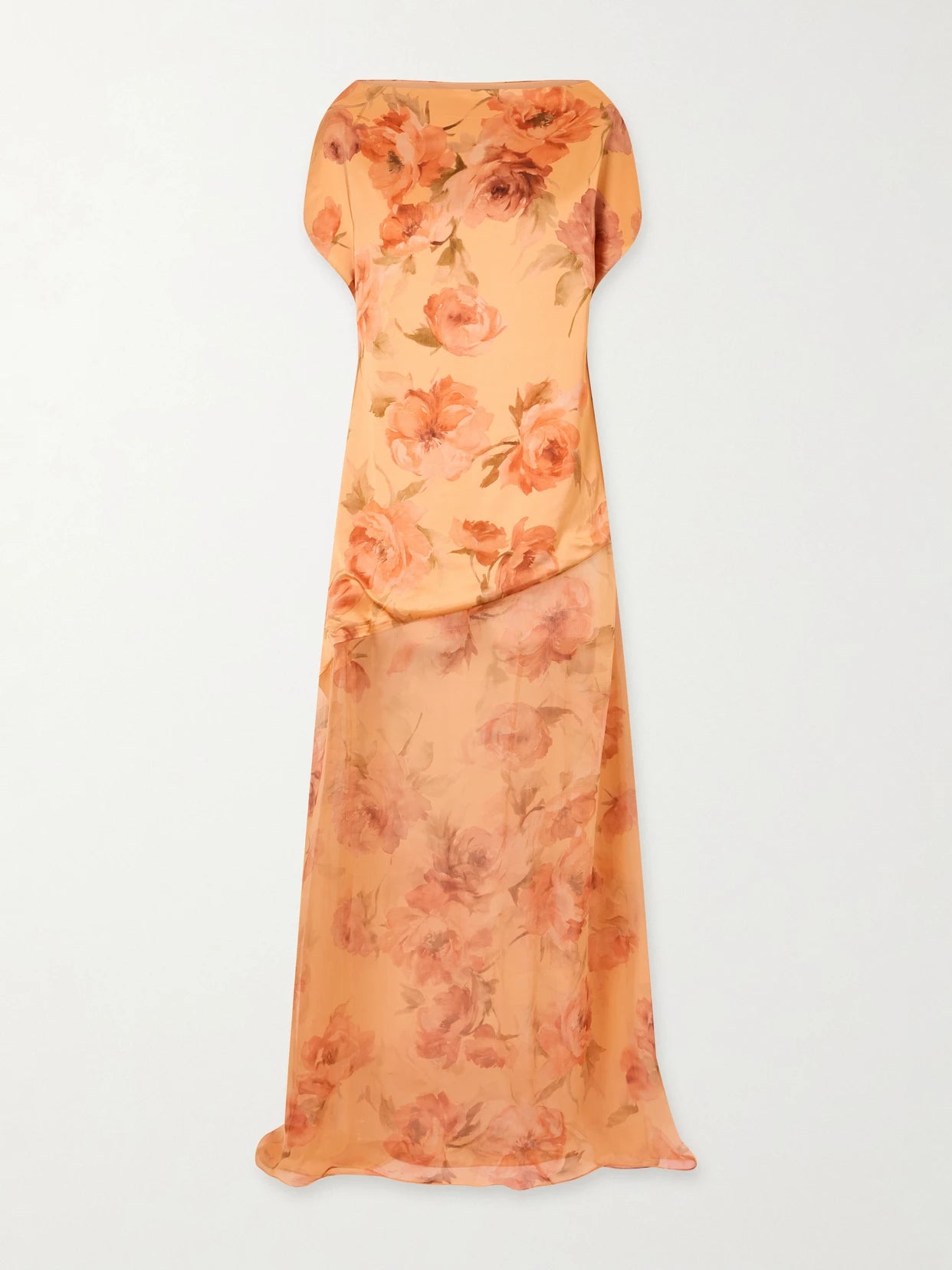 Image of Dresses. Product name - Floral-print Chiffon-trimmed Satin Gown in Peach colour by brand - Dima Ayad