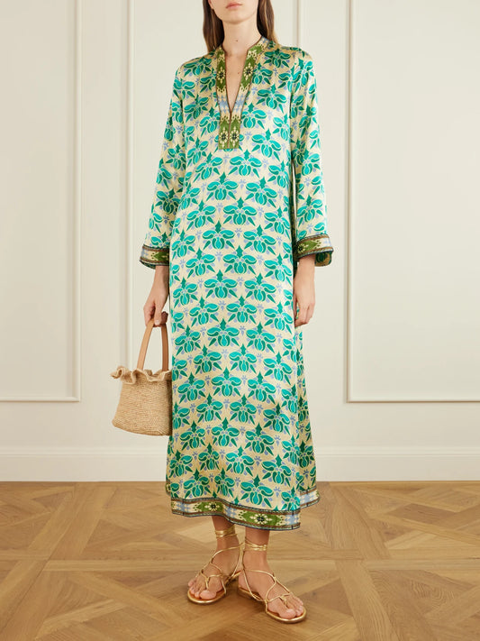 Image of Dresses. Product name - Jenna Jewelry Mare Printed Silk-satin Midi Dress in Turquoise colour by brand - Emporio Sirenuse