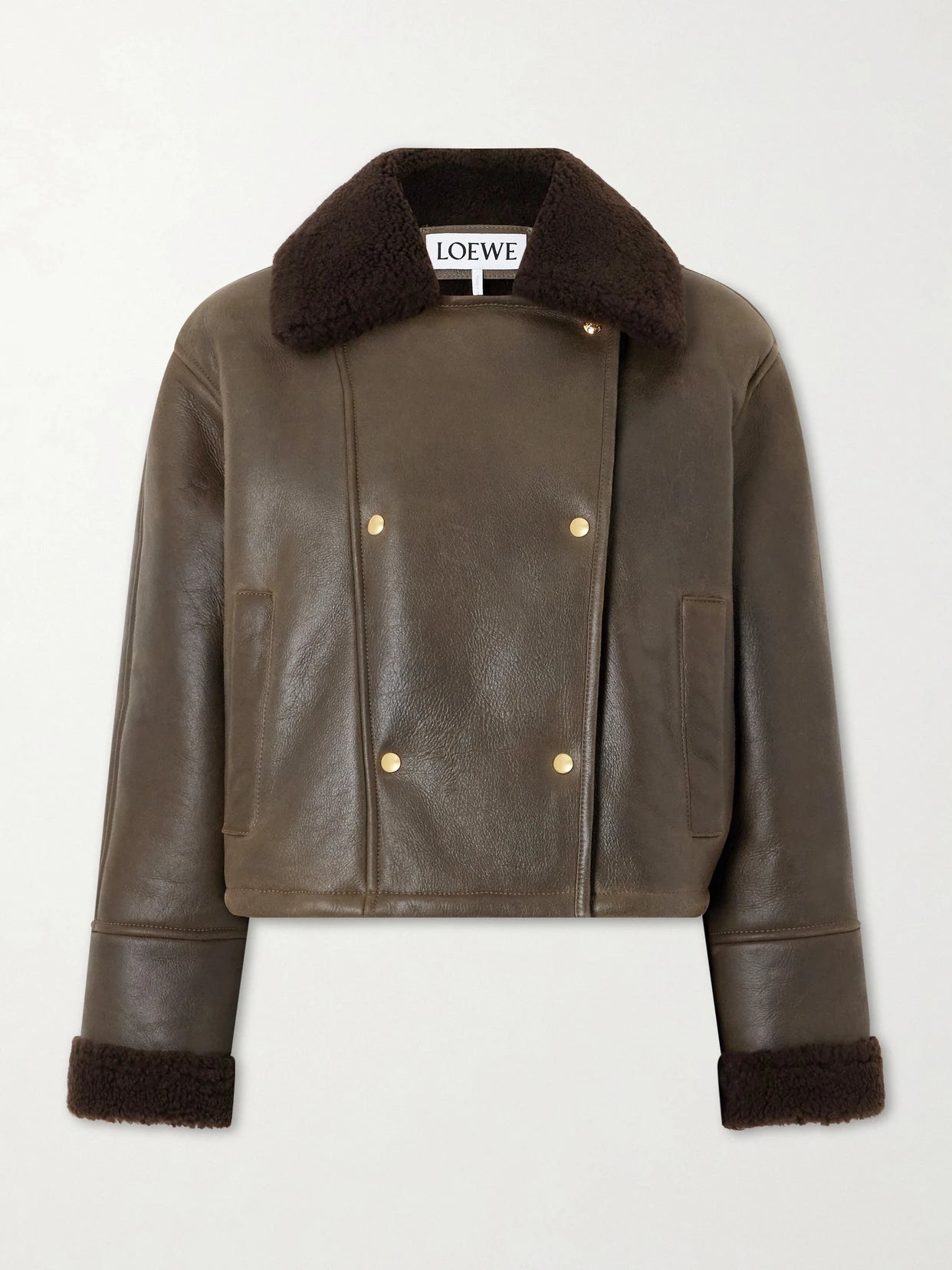 Image of Coats & Jackets. Product name - Double-breasted Shearling Jacket in Dark green colour by brand - LOEWE