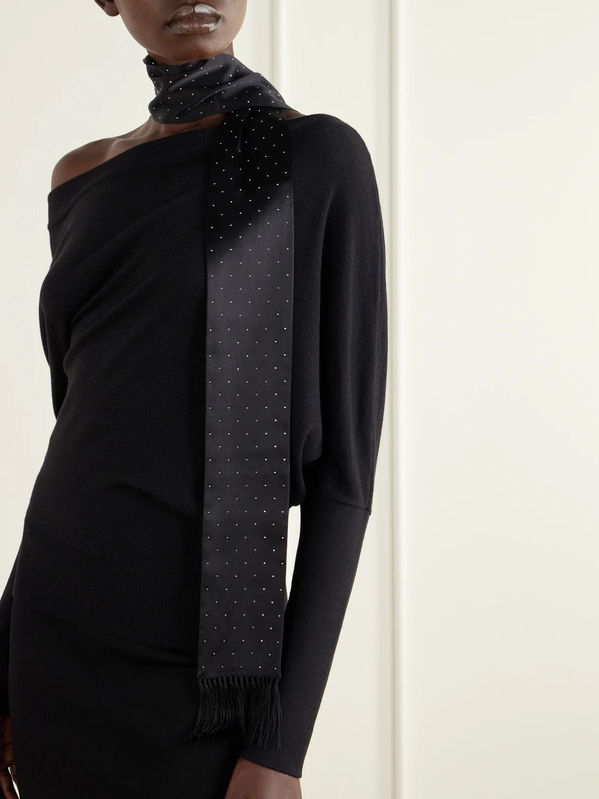 Image of Scarves & Shawls. Product name - Fringed Crystal-embellished Silk-satin Scarf in Black colour by brand - TOM FORD