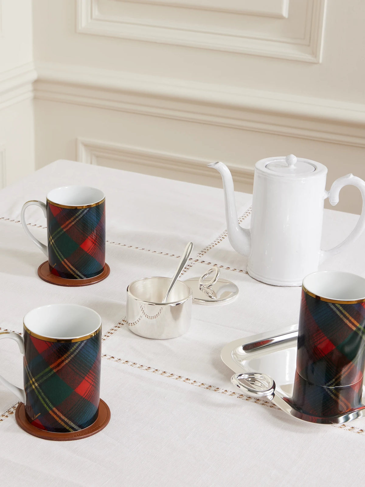 Image of Tableware. Product name - Alexander Set Of Four Gold-plated Checked Porcelain Mugs in Multi colour by brand - Ralph Lauren Home