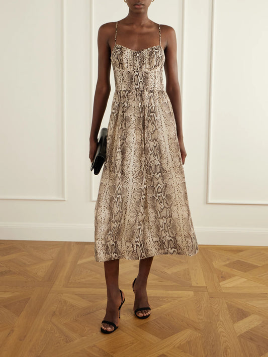 Image of Dresses. Product name - Alba Gathered Snake-print Linen And Silk-blend Organza Midi Dress in Beige colour by brand - Cara Cara