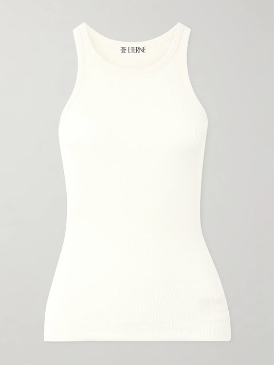 Image of a model wearing Tops. Product name - Ribbed Stretch-jersey Tank in Cream colour by brand - ÉTERNE