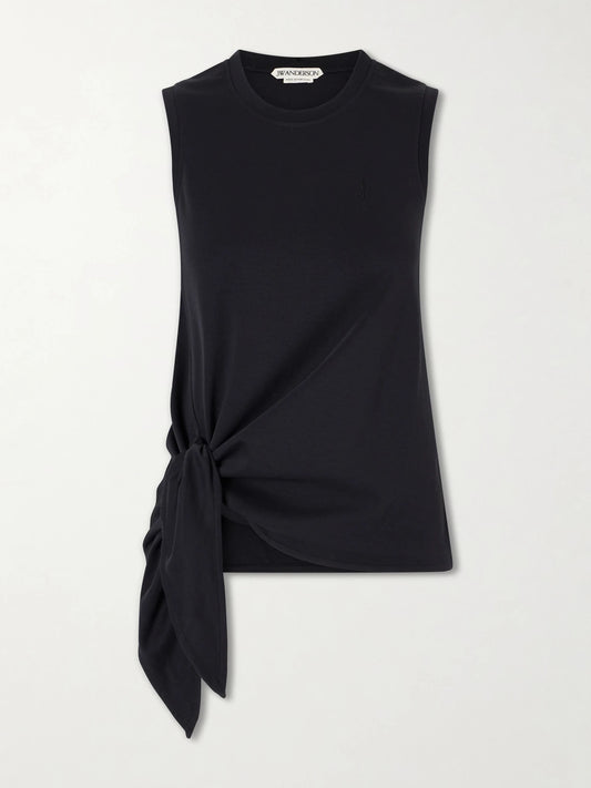 Image of a model wearing Tops. Product name - Tie-detailed Logo-embroidered Cotton-jersey Tank in Black colour by brand - JW Anderson