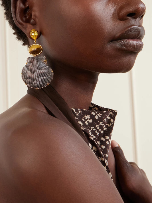 Image of Earrings. Product name - Augustine Gold-tone Crystal And Tiger Eye-embellished Seashell Earrings in Dark brown colour by brand - Jennifer Behr