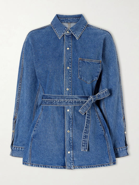 Image of a model wearing Tops. Product name - Cinch Denim Shirt in Dark denim colour by brand - OSSOU