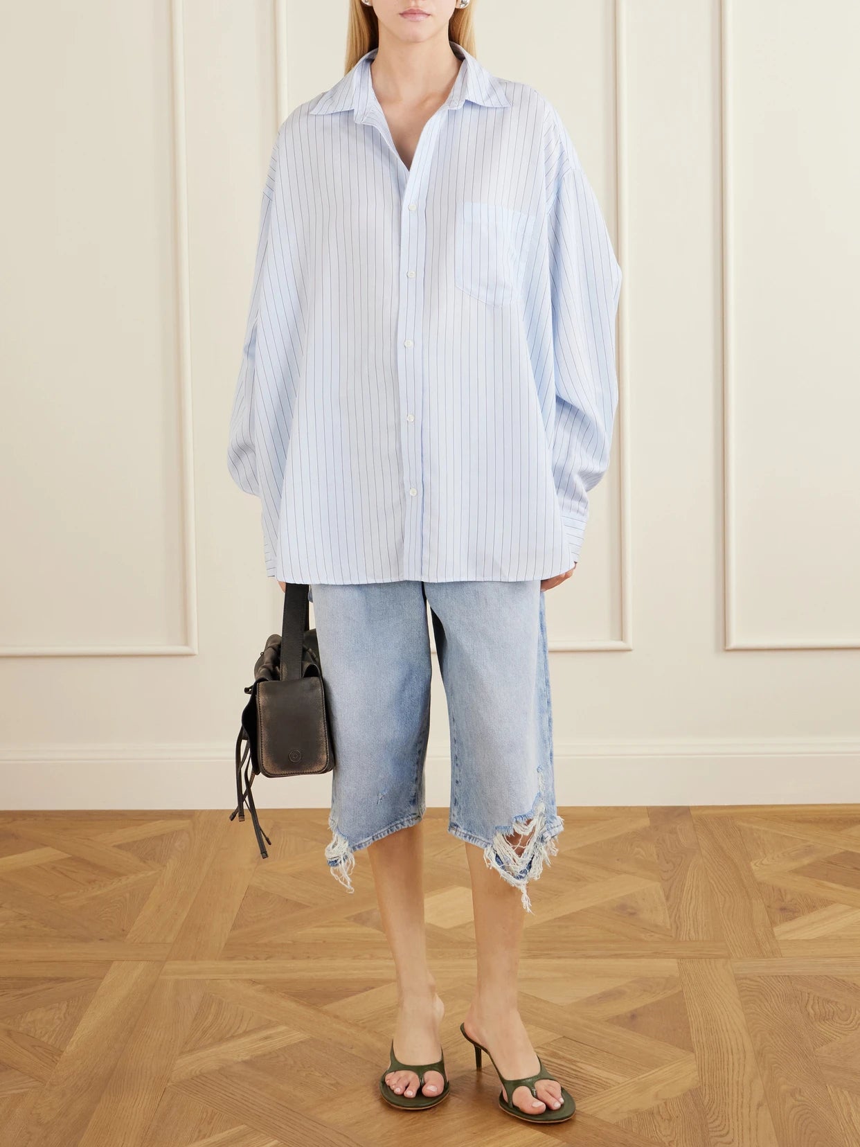 Image of a model wearing Tops. Product name - Soffia Striped Woven Shirt in Blue colour by brand - Acne Studios