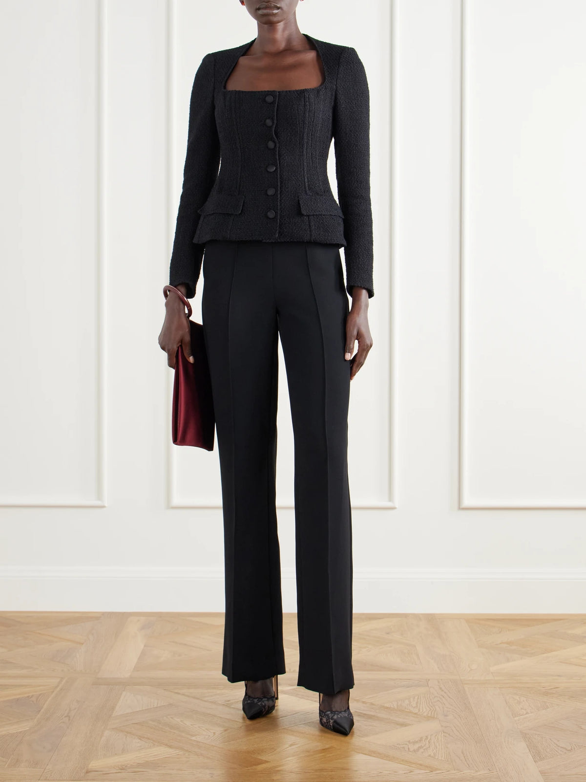 Image of Coats & Jackets. Product name - Bustier Tweed Jacket in Black colour by brand - Dolce & Gabbana
