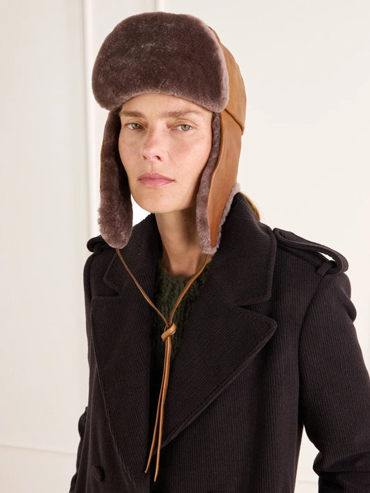 Image of Hats. Product name - Karina Leather And Shearling Trapper Hat in Chocolate colour by brand - Gabriela Hearst