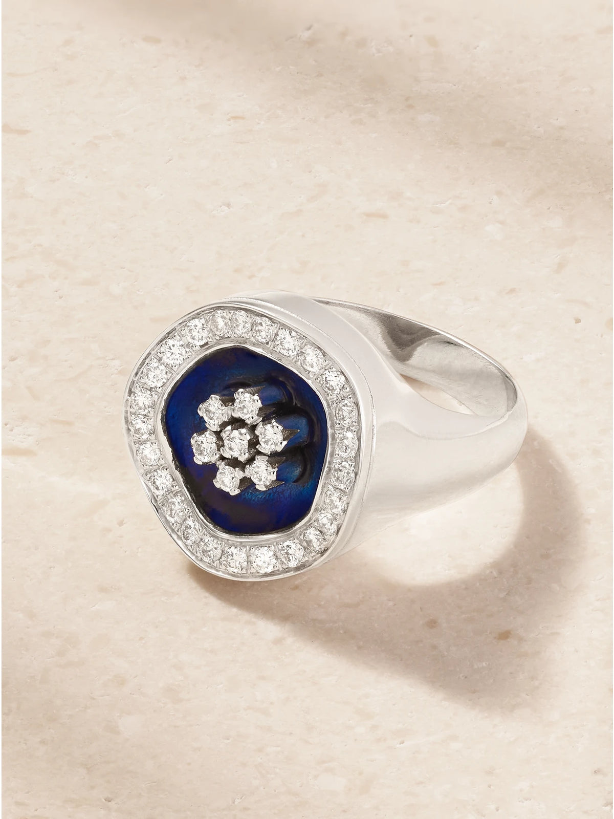 Flower 18-karat White Gold, Diamond And Enamel Signet Ring
