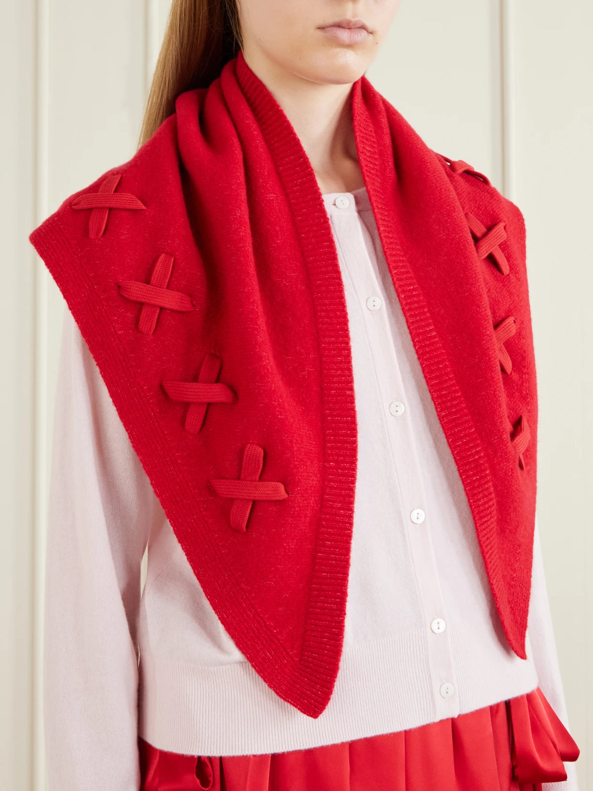 Image of Scarves & Shawls. Product name - Lace-up Merino Wool-blend Scarf in Red colour by brand - Simone Rocha