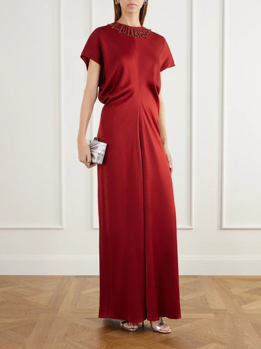 Image of Dresses. Product name - Novak Crystal-embellished Draped Satin Gown in Red colour by brand - Jenny Packham