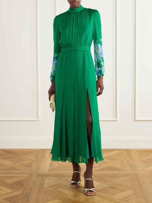 Image of Dresses. Product name - Jacqui D Belted Flower-printed Silk-chiffon Midi Dress in Green colour by brand - Saloni