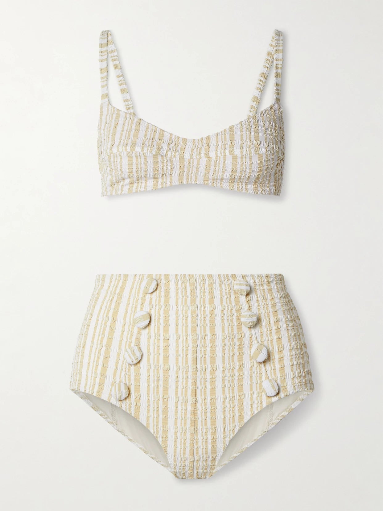 Button-embellished Striped Seersucker Bikini