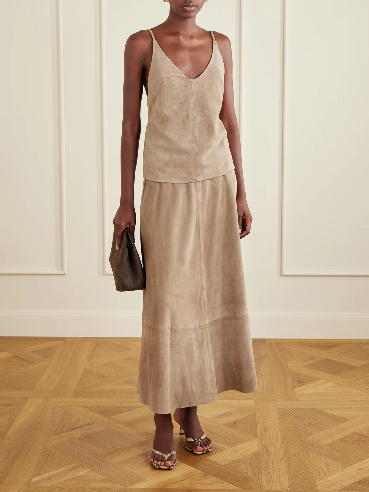 Image of Outfit Sets. Product name - Tie-detailed Suede Top in Beige colour by brand - ST. AGNI