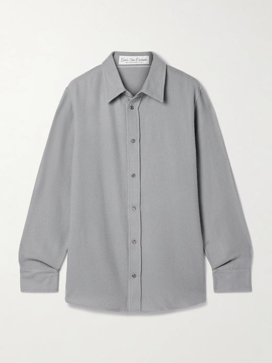 Image of a model wearing Tops. Product name - Cashmere-twill Shirt in Gray colour by brand - God's True Cashmere