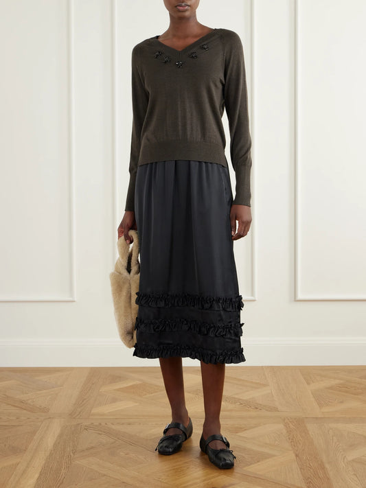 Image of a model wearing Outerwear. Product name - Embellished Merino Wool And Silk-blend Sweater in Gray colour by brand - Simone Rocha
