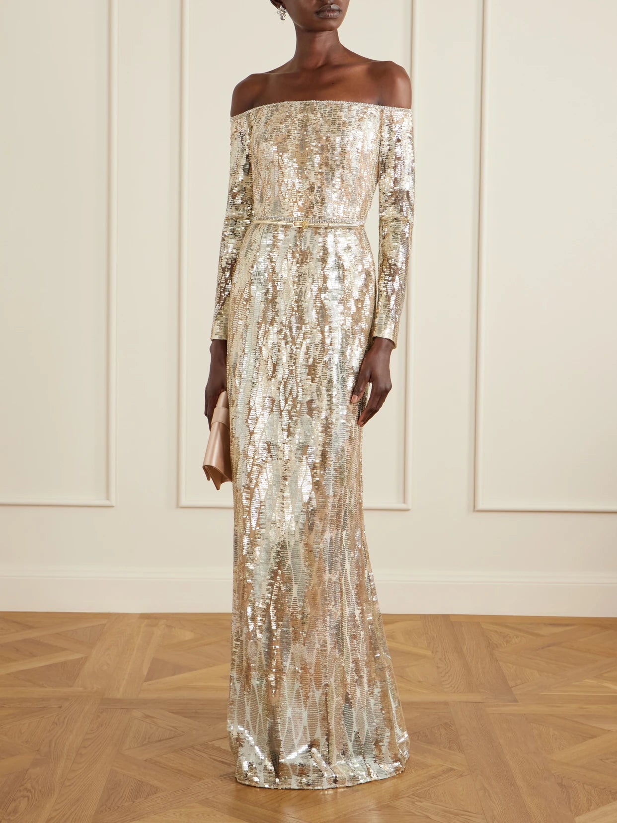Image of Dresses. Product name - Off-the-shoulder Sequined Silk-blend Gown in Gold colour by brand - Elie Saab
