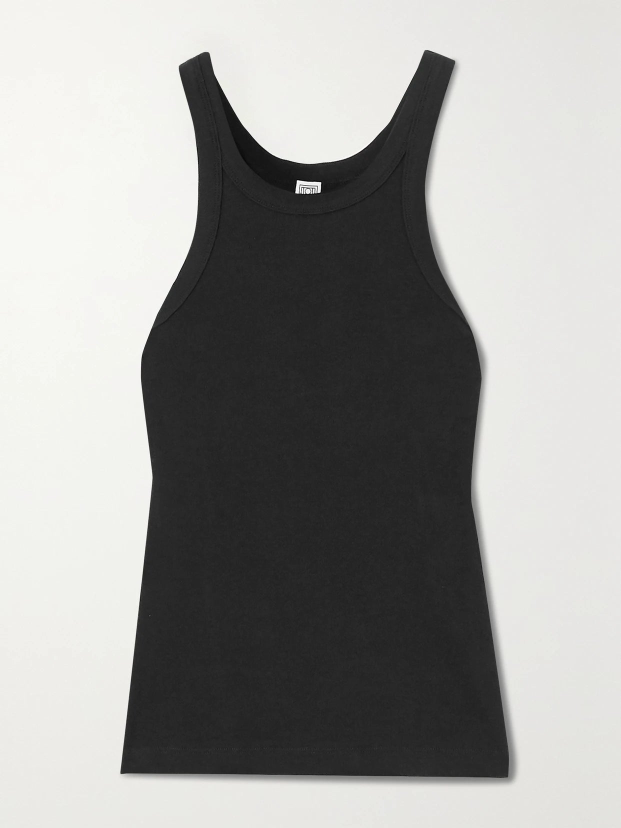 Image of a model wearing Tops. Product name - + Net Sustain Curved Ribbed Stretch Organic Cotton-jersey Tank in Black colour by brand - TOTEME